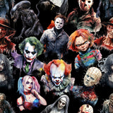 seamless pattern with horror movie icons including Chucky, Michael, Freddie, Jason, The Joker, Harley Quinn and Pinhead.