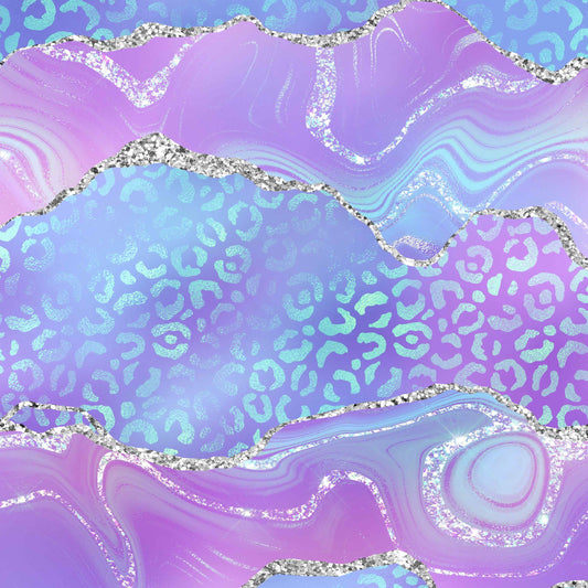 Abstract design with wavy pastel pink and blue sections, glittery silver accents, and leopard print patterns.