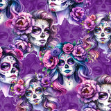 Pattern of Violet Femmes leggings. La Catrina images with flowing hair with tints of pink, mauve and blue. vibrant pink and purple flowers in their hair on a rich purple background by Nikki Whoops Boutique. 