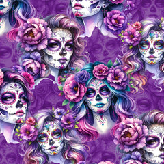 La Catrina pattern with flowing hair with tints of pink, mauve and blue. vibrant pink and purple flowers in their hair on a rich purple background. 