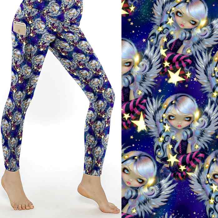 mockup of Celestial leggings with silver-haired angels, glowing stars and a deep galaxy background in blues and purples.