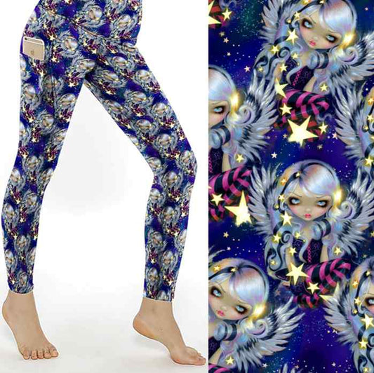 mockup of Celestial leggings with silver-haired angels, glowing stars and a deep galaxy background in blues and purples.