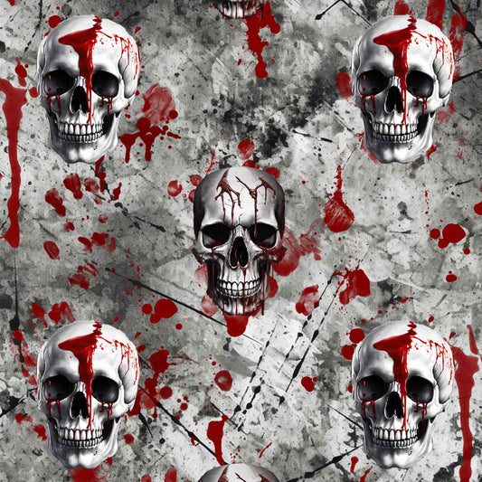 Repeating skull pattern with red drips on a textured gray background, featuring red and black splatters