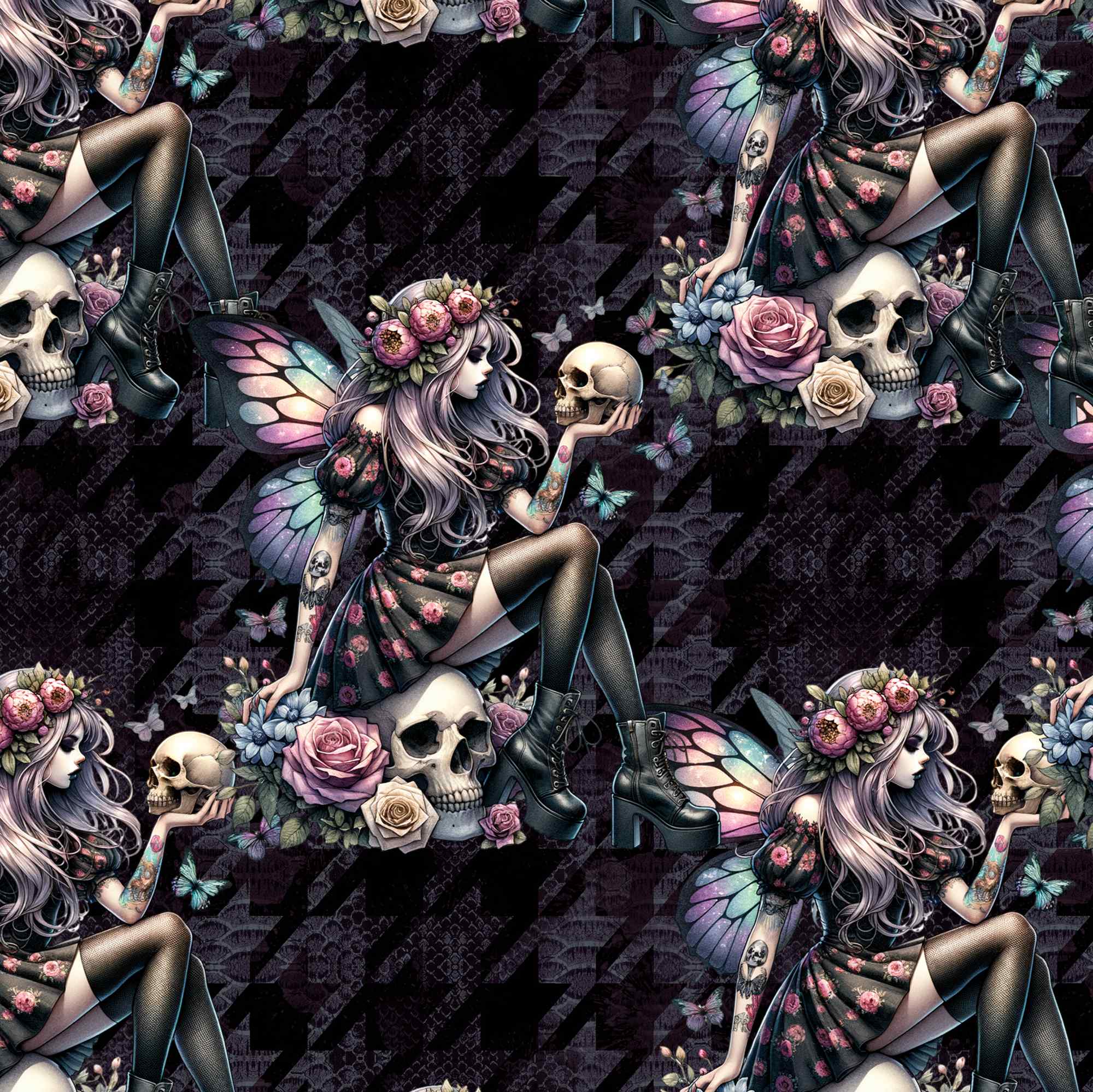 leggings featuring gothic fairy illustrations with skulls, roses, and iridescent wings on a dark patterned background cropped pattern