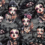 pattern of Black Betty Gothic Full-Length Leggings featuring a gothic-inspired Betty Boop in a foggy graveyard, dressed in lace and corsets with dark makeup.