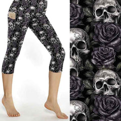 Black Death capri leggings mockup. white and grey skulls on a background of black roses.