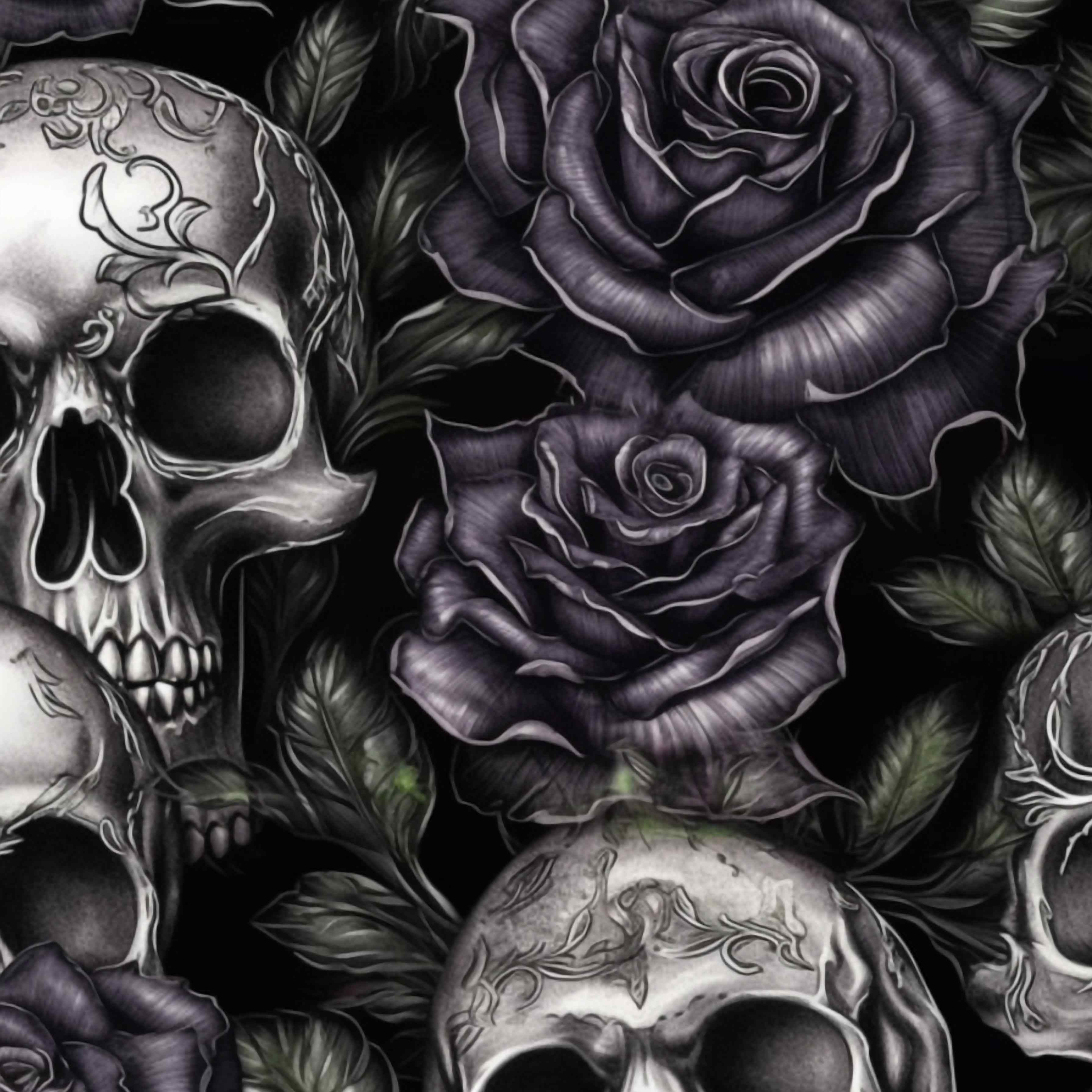 Black Death pattern. white and grey skulls on a background of black roses.