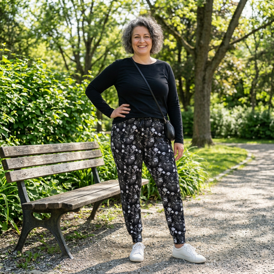 Lady standing in a park near a park bench wearing Black Heart jogger pants