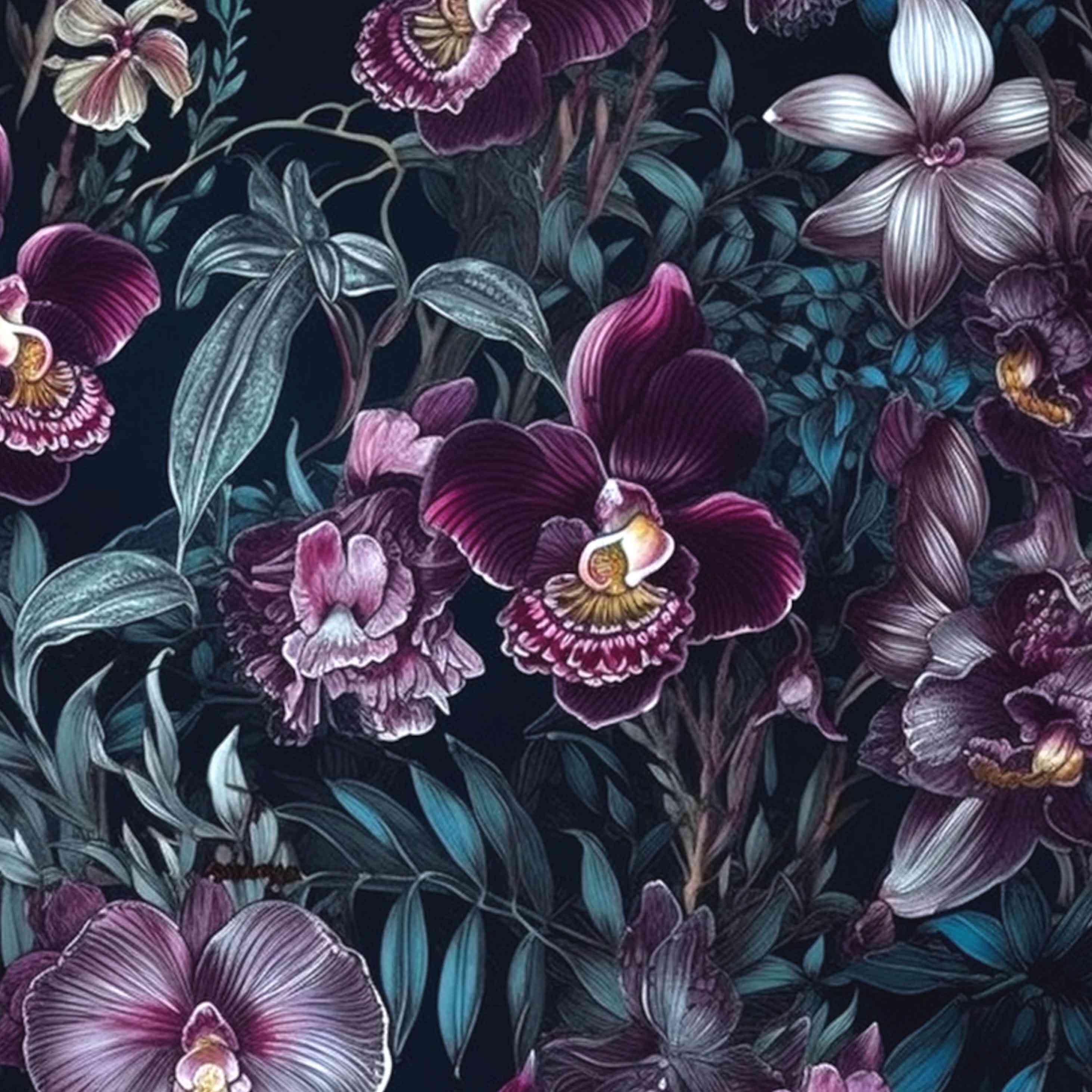 Pattern of purple orchids and green leaves on a dark background