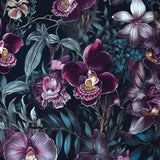 Pattern of purple orchids and green leaves on a dark background