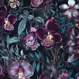 Pattern of purple orchids and green leaves on a dark background