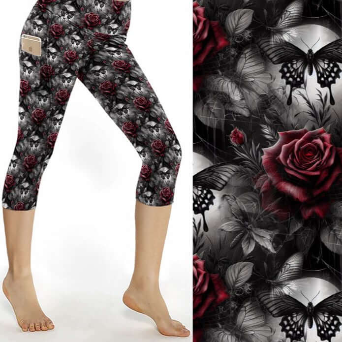 Capri leggings featuring glowing blue butterflies, skulls, and dark florals under a moody purple and black backdrop