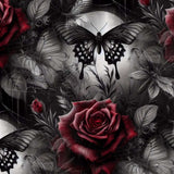 Cropped pattern of Blood Moon Butterflies print with red roses, black butterflies and a dark grey floral background.
