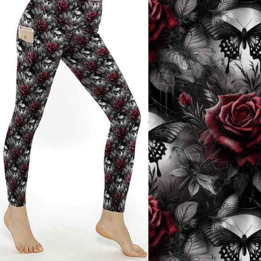 Leggings with red roses and black butterflies on a white background