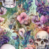 Colorful floral pattern with skulls in a watercolor style