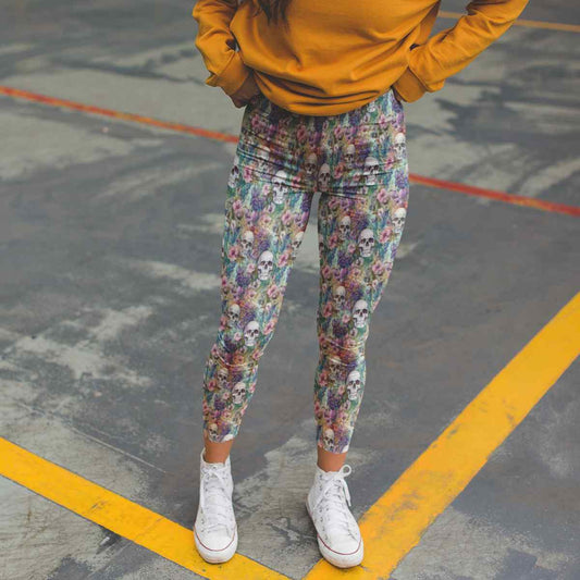 Blooming Skulls Skull Print Leggings With Pockets