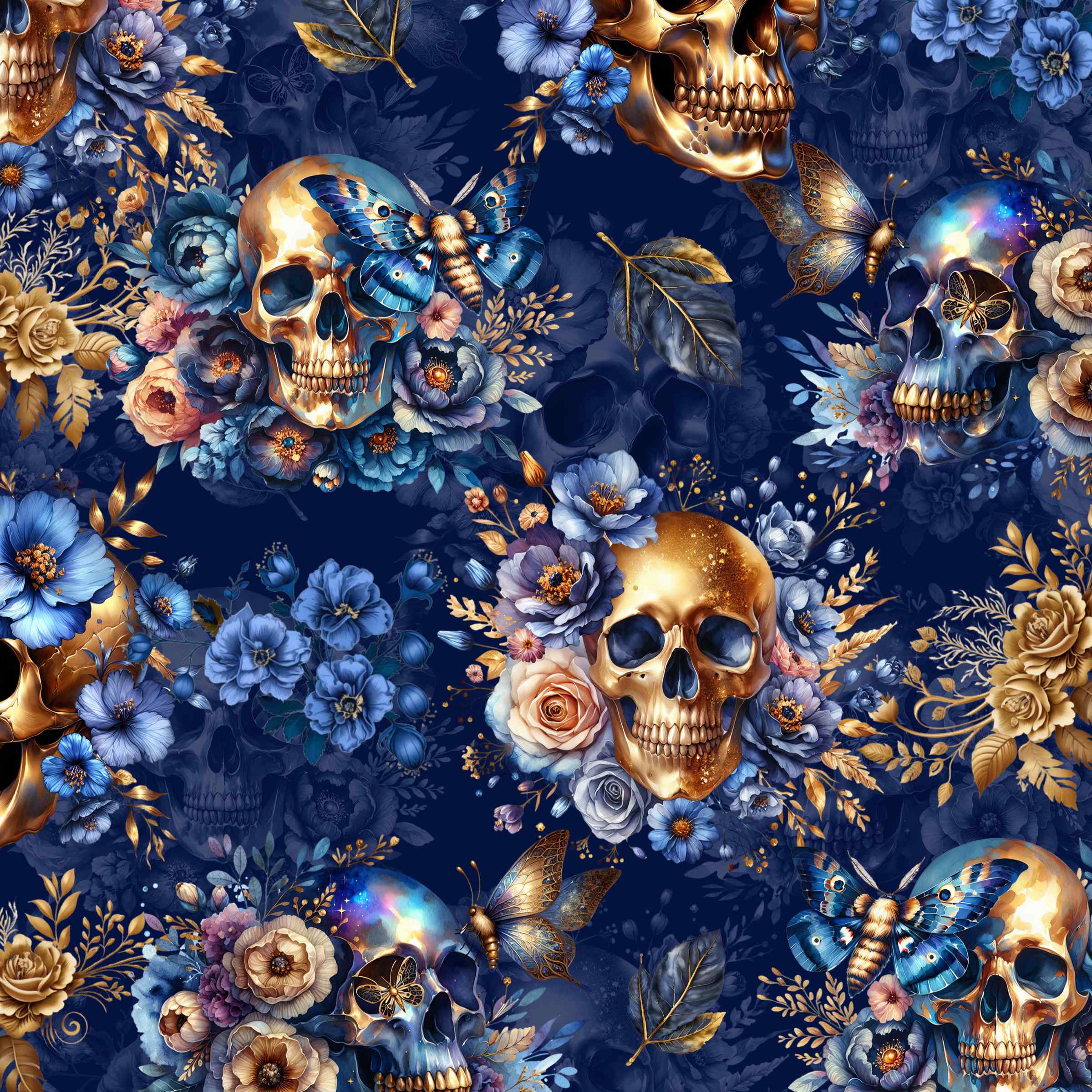 Pattern with shimmering gold and dark blue skulls with delicate gold and blue flowers and butterflies on a vibrant dark blue background. 