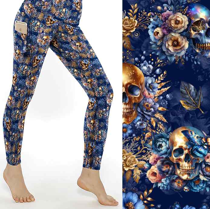 mockup of Blue Velvet Bones leggings. shimmering gold and dark blue skulls with delicate gold and blue flowers and butterflies on a vibrant dark blue background. 