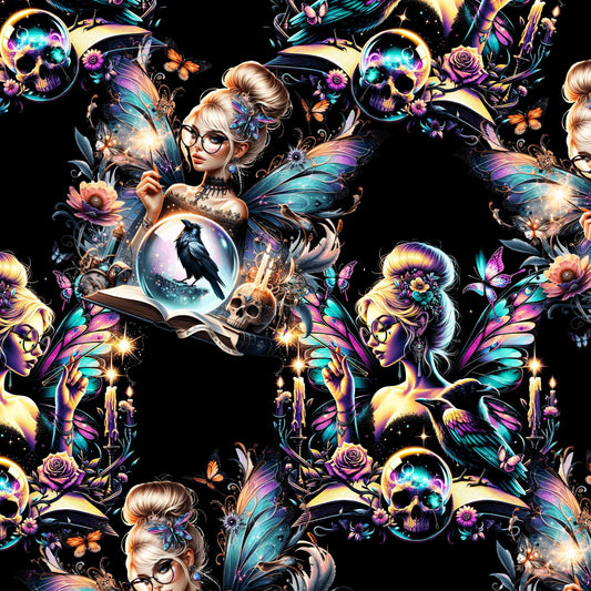 pattern of Fairy leggings with spell books, potions, moons and stars on a moody background with glittery accents.