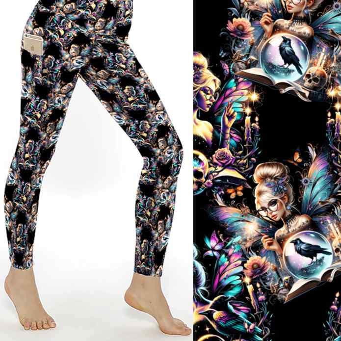stock image of Fairy leggings with spell books, potions, moons and stars on a moody background with glittery accents.