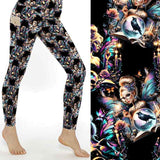 stock image of Fairy leggings with spell books, potions, moons and stars on a moody background with glittery accents.