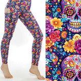 Bright Side of the Grave Day of the Dead Full Length Leggings With Pockets by Nikki Whoops Boutique, shown with a close-up of the print.