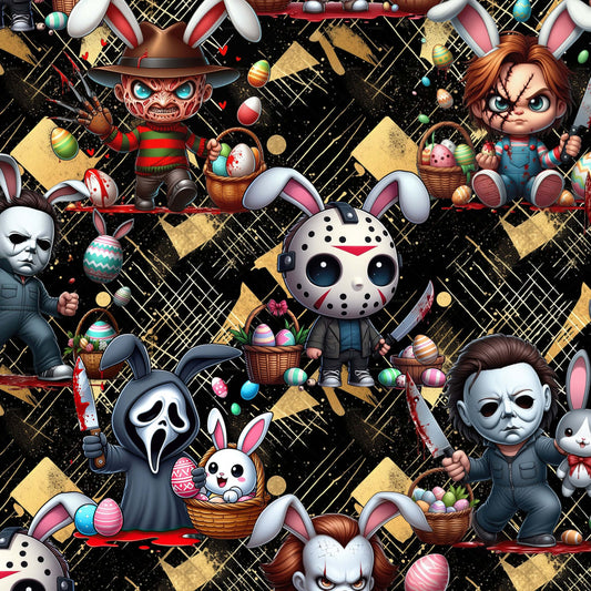 pattern of Bunny Butchers capri joggers featuring chibi horror villains wearing rabbit ears