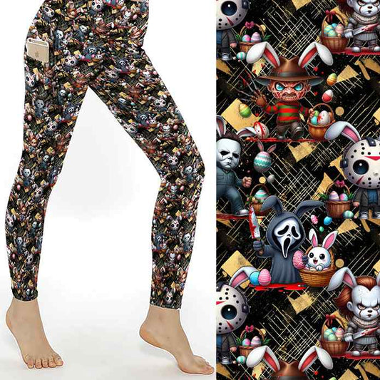 Easter Leggings Kawai style horror movie characters Ghostface, Chucky, Michael, Freddy and Jason wearing Easter rabbit ears and holding bloodied knives