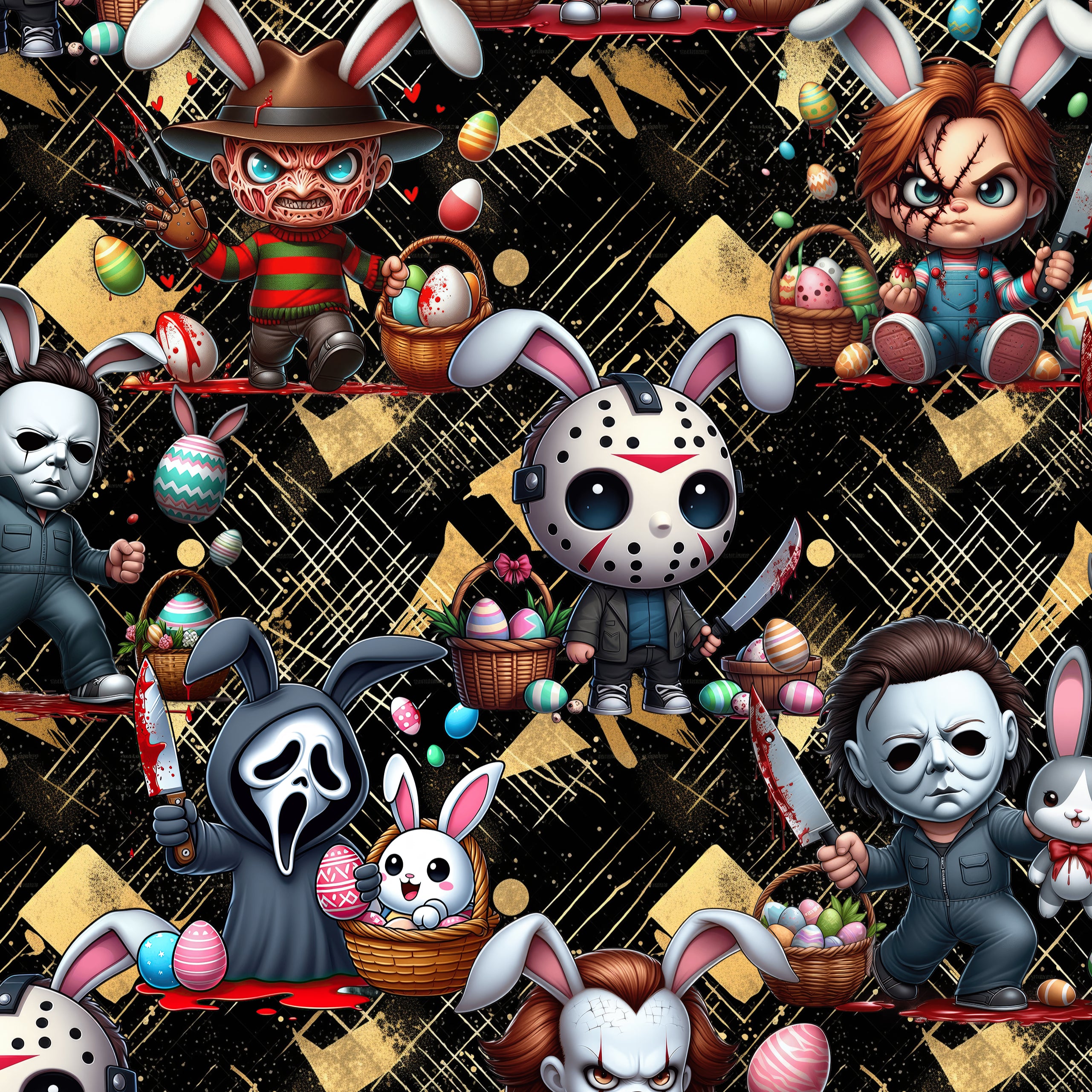 Easter bunny butchers seamless pattern Kawai style horror movie characters Ghostface, Chucky, Michael, Freddy and Jason wearing Easter rabbit ears and holding bloodied knives