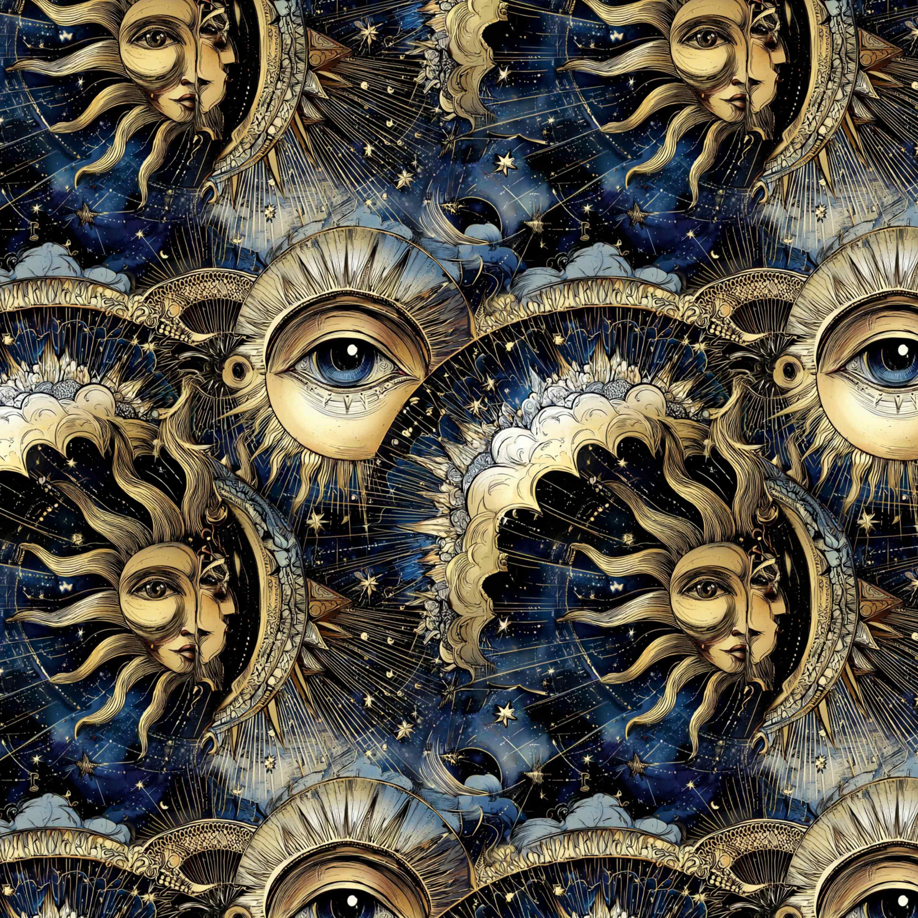 Decorative pattern with celestial designs including suns, moons, and eyes against a starry night sky.