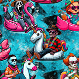 horror movie characters on unicorn and flamingo floaties pattern