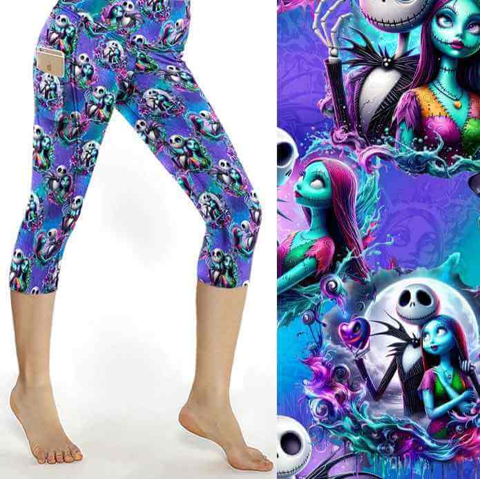 mockup of capri leggings featuring Jack & Sally characters in vibrant blues, purples, and greens, with swirling colourful accents