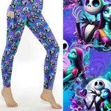 Leggings with colourful Christmas-themed Jack & Sally stitched character design in blues, purples, and greens; close-up on the right.