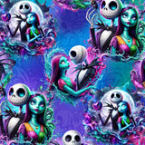 Pattern of skeleton and stitched characters in vibrant blues, purples, and greens, with swirling colourful accents