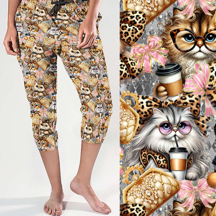 Capri leggings with cat and leopard print pattern worn by a person, next to a close-up of the pattern.