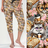 Capri leggings with cat and leopard print pattern worn by a person, next to a close-up of the pattern.
