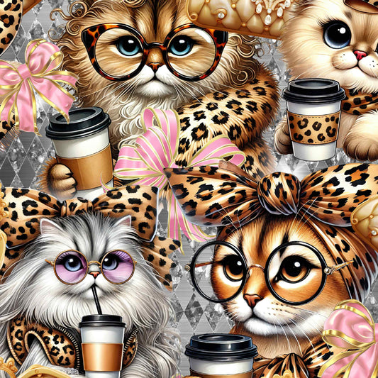 Illustrations of cats with leopard print accessories and coffee cups on a patterned background