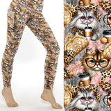 Full length leggings featuring cute glam cats with coffees, leopard print bows and accessories on a patterned background.