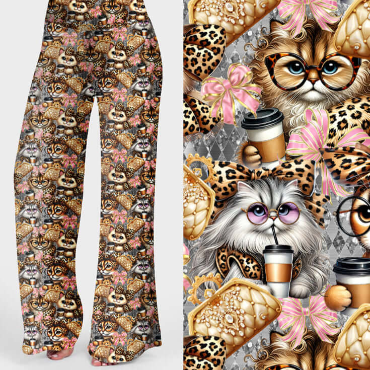 Patterned pants with cat and coffee design on a white background