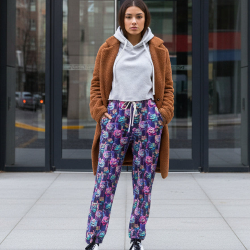 Woman wearing a brown cardigan, white hoodie, Full length jogger pants featuring colourful cosmic cats with bright blue, pink and purple fur, yellow eyes and mischievous smiles standing on a city street.