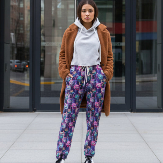 Woman wearing a brown cardigan, white hoodie, Full length jogger pants featuring colourful cosmic cats with bright blue, pink and purple fur, yellow eyes and mischievous smiles standing on a city street.