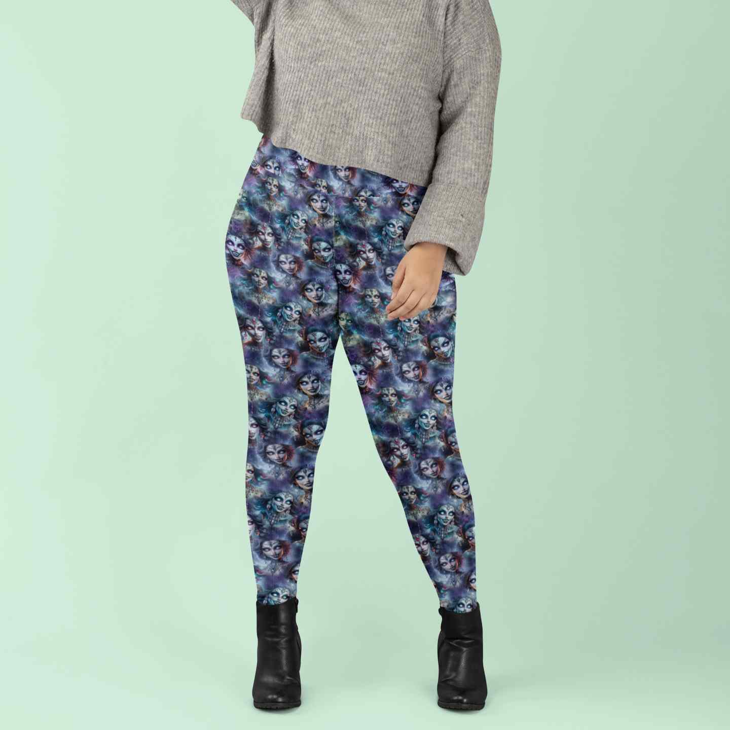 Woman wearing Fangs for the Memories full length leggings with pockets by Nikki Whoops Boutique.