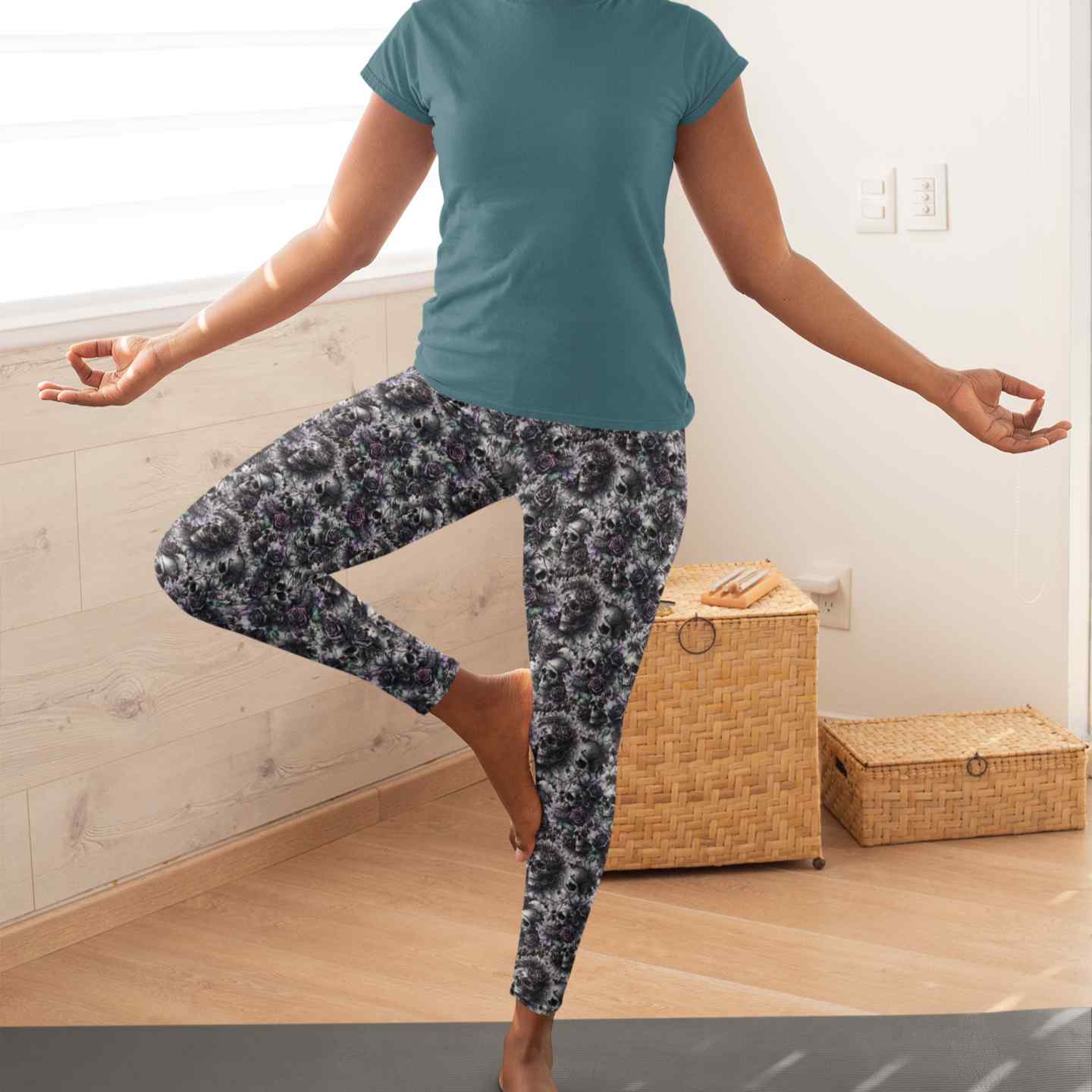 Woman wearing Grave Expectations full length leggings with pockets by Nikki Whoops Boutique.
