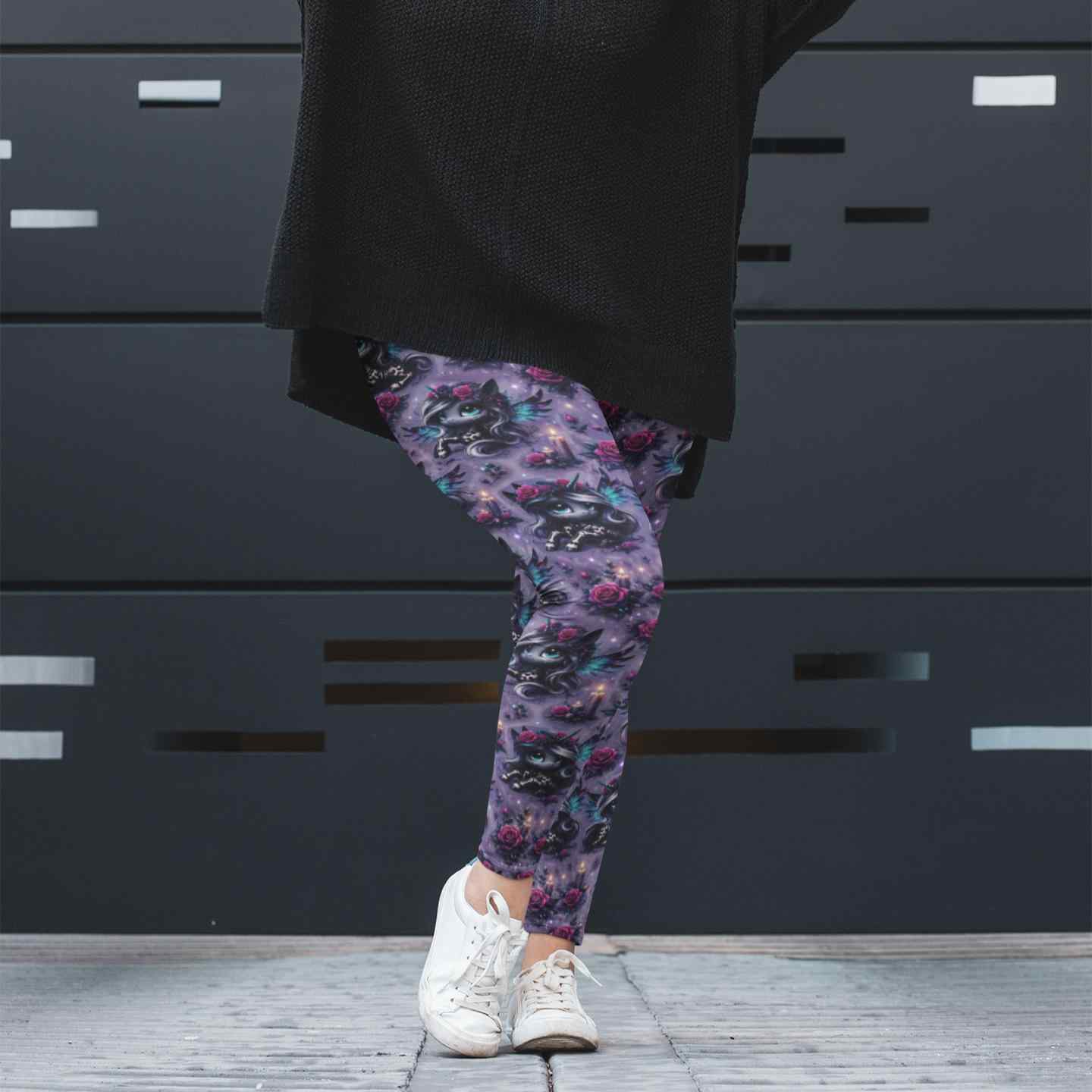 Woman wearing Happily Never After full length leggings with pockets by Nikki Whoops Boutique.