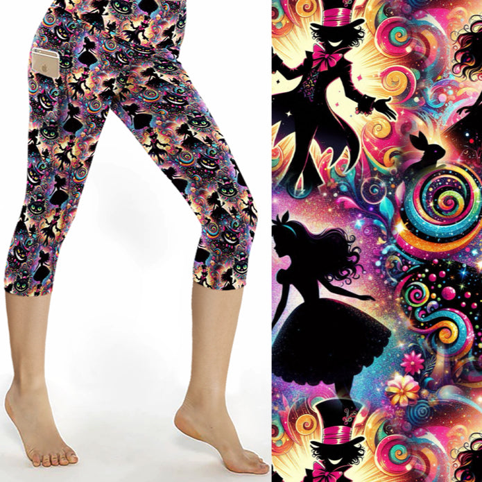 Capri leggings featuring colourful Wonderland silhouettes of Alice, the Mad Hatter, and Cheshire Cat on a psychedelic rainbow background.