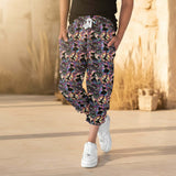 Person wearing colorful Alice in Wonderland capri jogger pants outdoors in afternoon sunlight