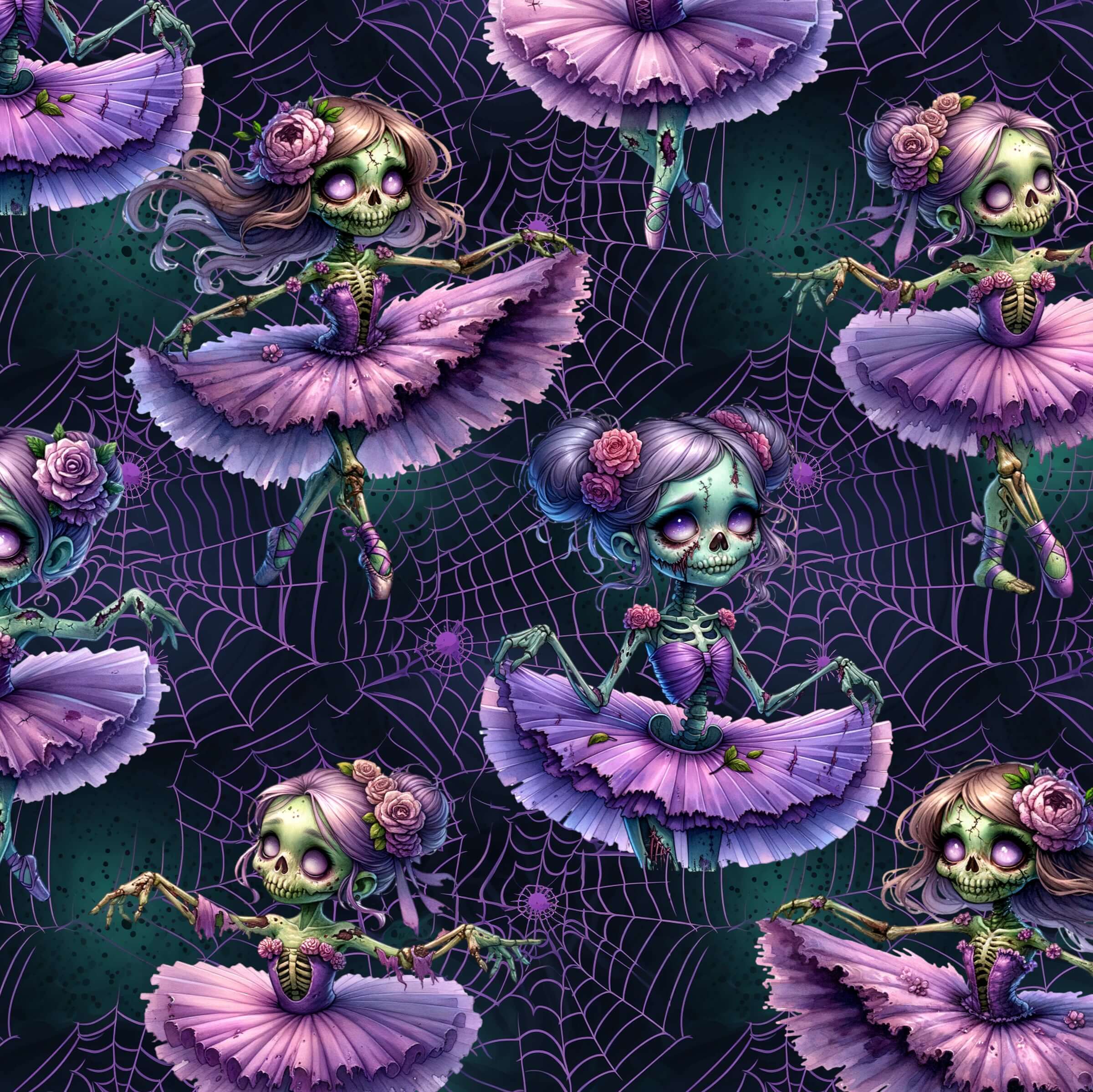 Pattern of skeleton ballerinas in purple tutus on a spider web background