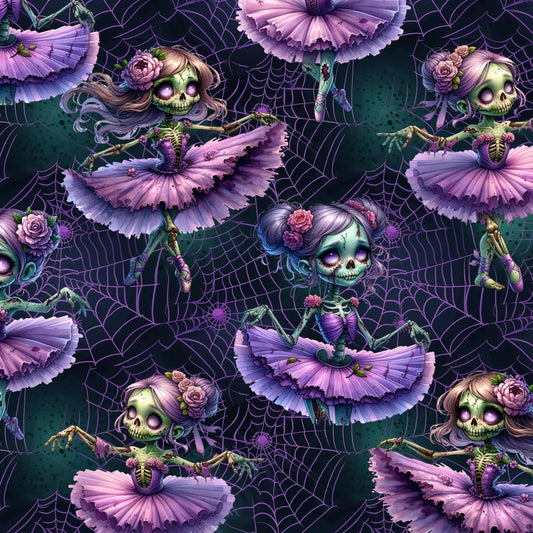 pattern if A pair of capri joggers featuring a gothic-inspired design of eerie zombie ballerinas. The ballerinas wear tattered lavender tutus, have glowing purple eyes, skeletal hands, and flowing hair decorated with roses. The dark background features spiderwebs and ghostly details, enhancing the spooky yet whimsical aesthetic.
