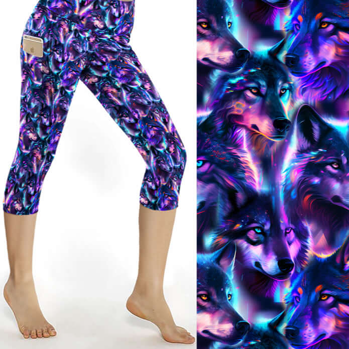 Capri leggings with a vibrant wolf pattern on a white background
