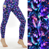 Full length leggings with neon purple, blue, and pink wolf print, high waistband, and side pocket